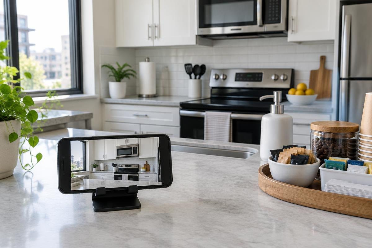 Contrôle du ménage entre deux voyageurs sur smartphone, cuisine propre et consommables réassortis