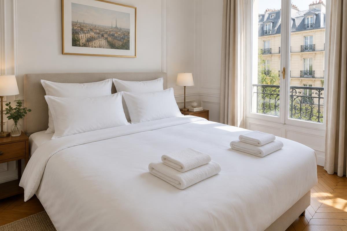 Lit refait pour un ménage de location courte durée, draps propres et serviettes en pliage hôtelier