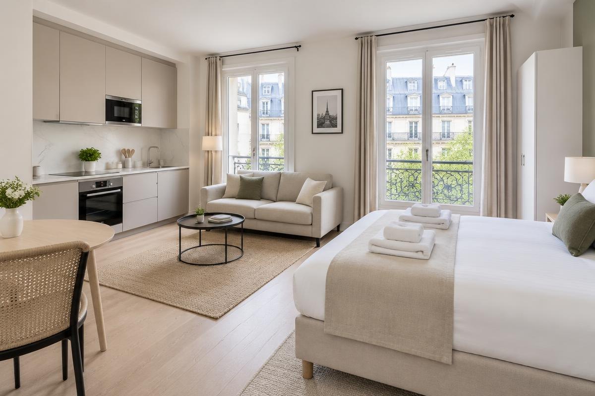 Appartement prêt après un ménage Airbnb, avec cuisine ouverte, lit fait et serviettes pliées