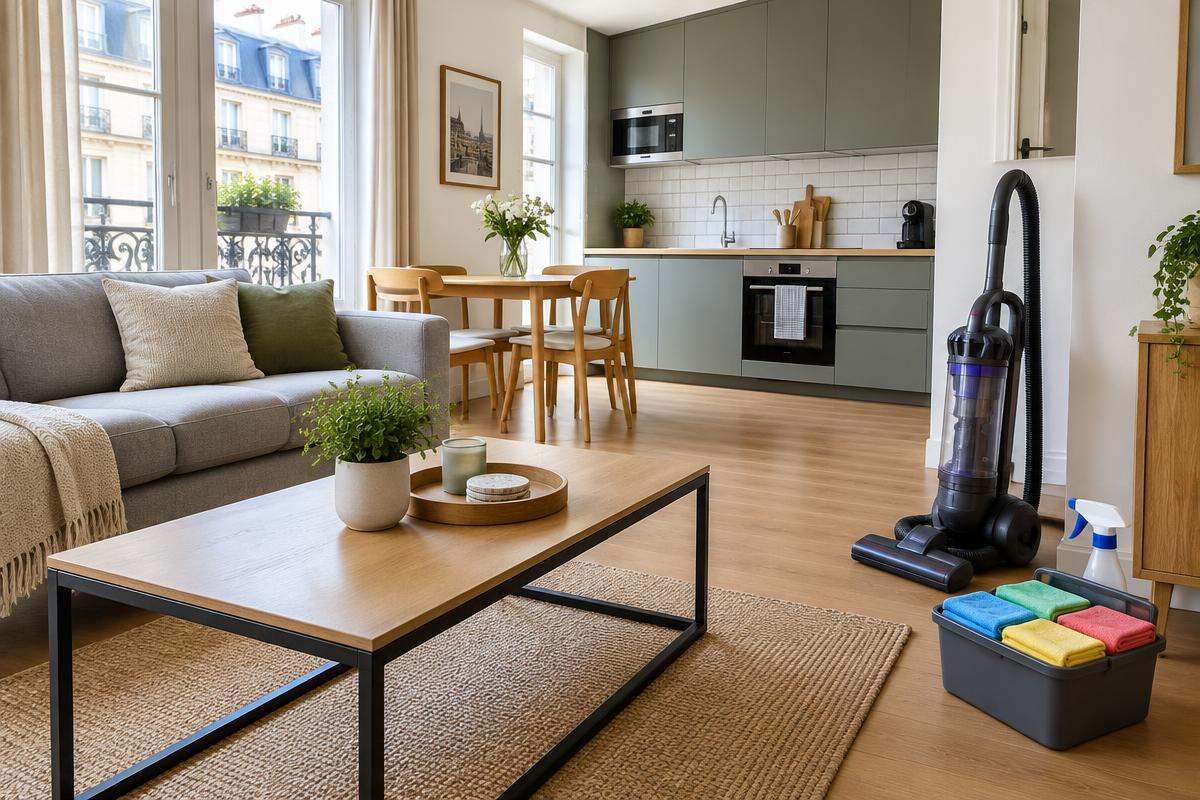 Salon et cuisine avec aspirateur et microfibres pour le nettoyage d'appartement Airbnb
