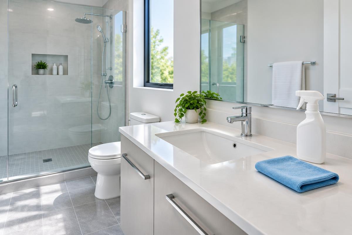 Salle de bain après un nettoyage Airbnb, avec douche vitrée, lavabo et microfibre propre