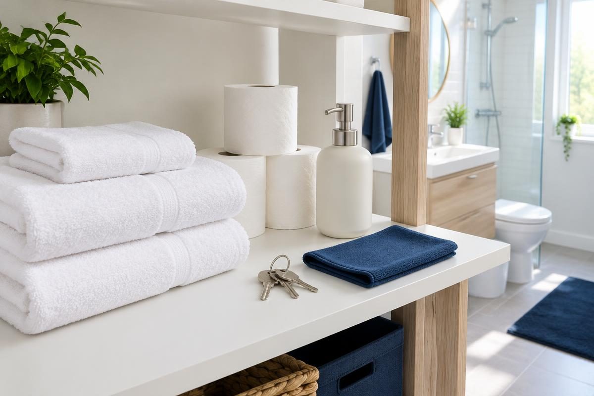 Serviettes propres, consommables, clés et microfibre prêts près d'une salle de bain