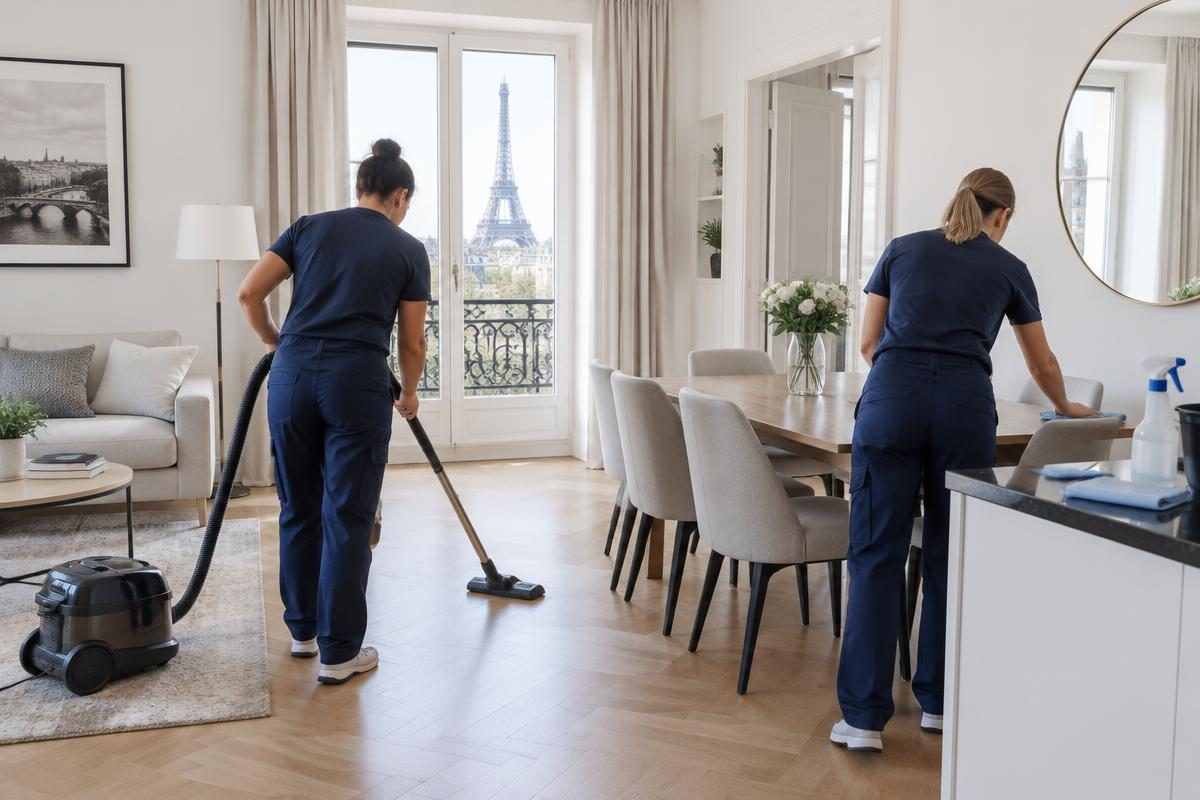 Équipe préparant une rotation de logement, avec aspiration du sol et nettoyage de la table