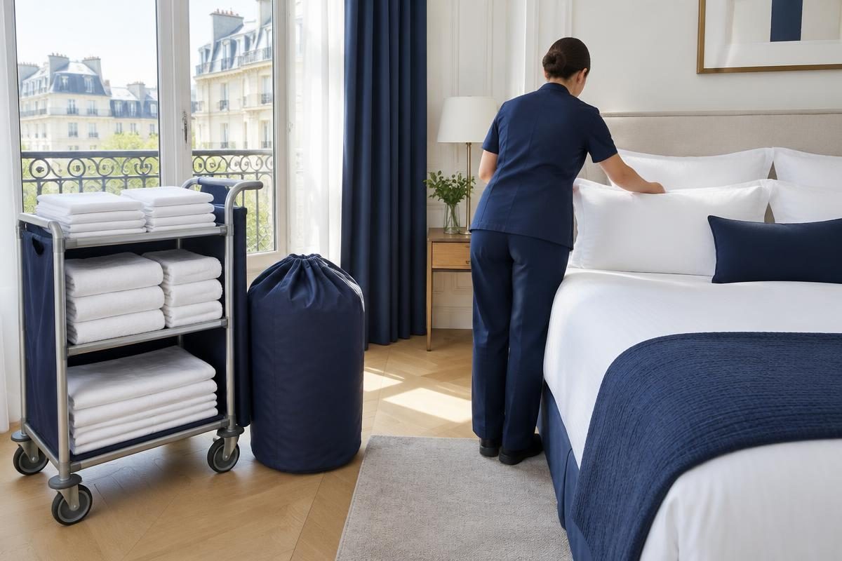 Illustration de la préparation du linge et du lit lors d'une rotation dans un appartement parisien