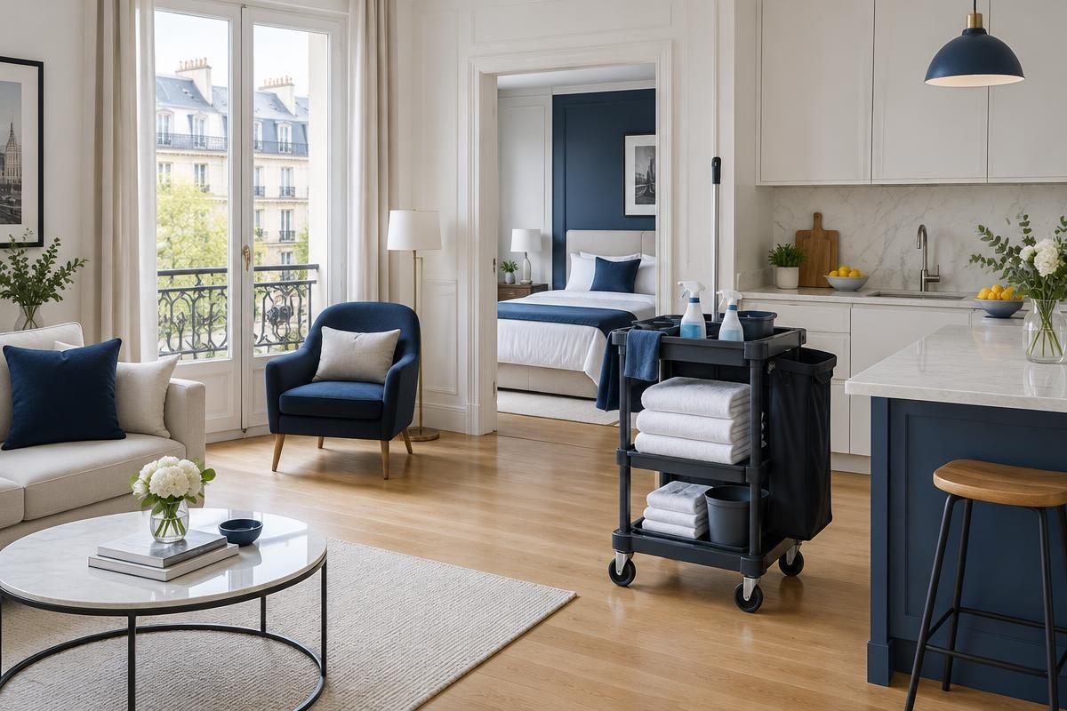 Appartement lumineux avec lit préparé, chariot de nettoyage et serviettes propres