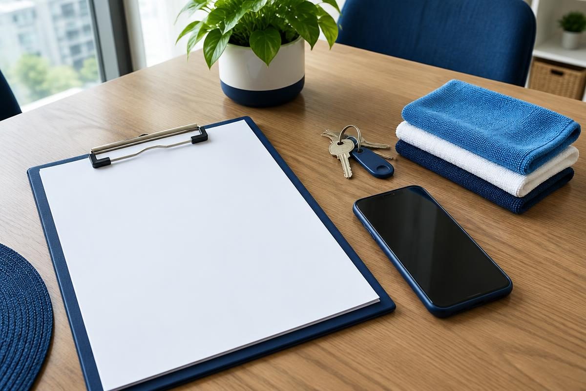 Support de préparation, téléphone, clés et microfibres disposés sur une table