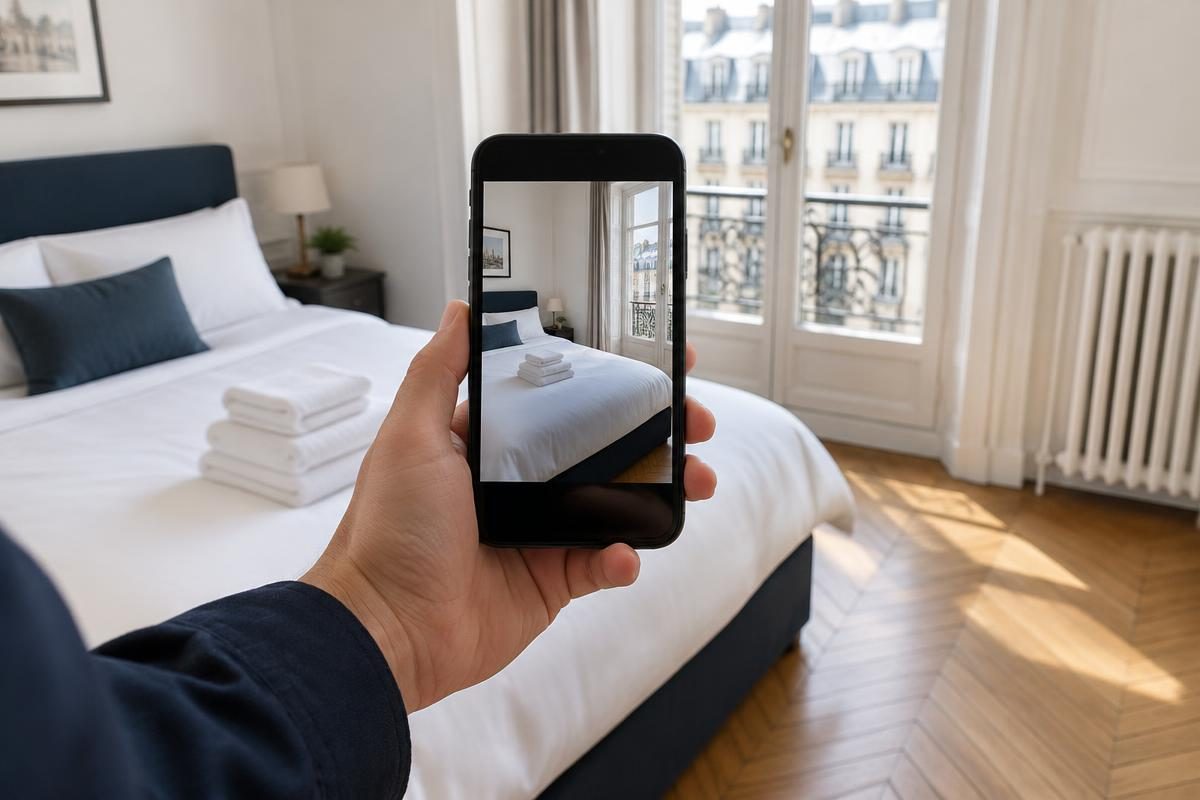 Prise de photo du lit préparé et des serviettes pour le rapport de rotation