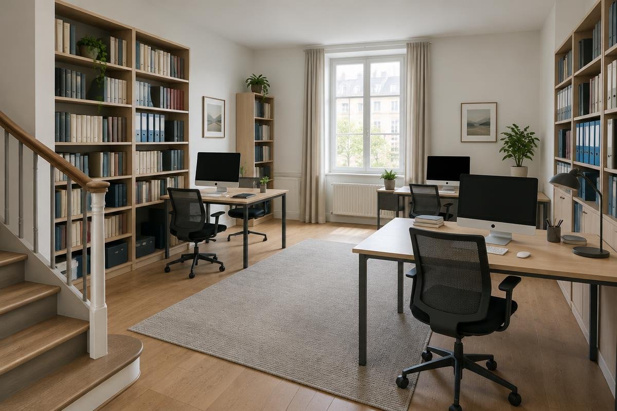 Cabinet à Versailles nettoyé avec soin : bibliothèque, bureaux, matériel informatique, tapis et escalier