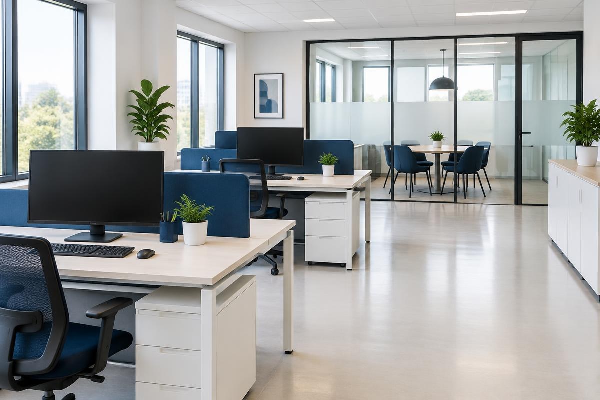Bureaux lumineux avec postes rangés, salle de réunion et sols propres