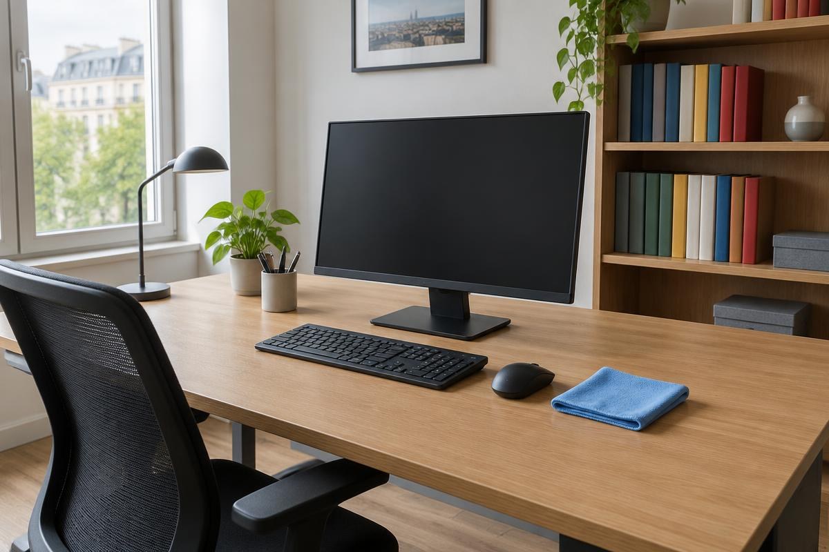 Poste de travail avec écran éteint, clavier, bibliothèque et microfibre propre