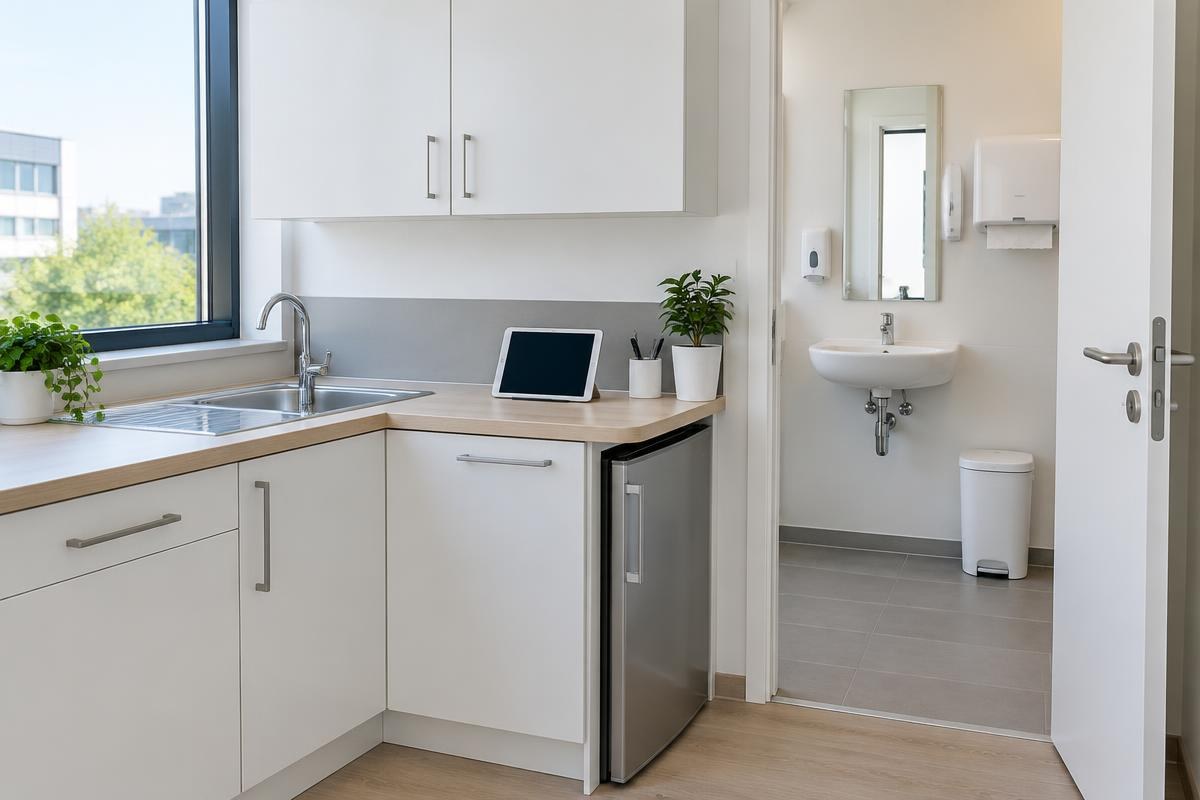 Cuisine et sanitaires de bureau propres avec consommables et tablette de suivi