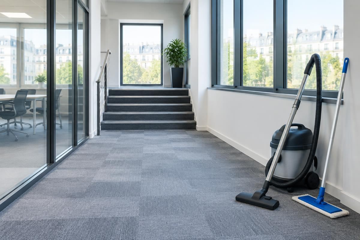 Couloir de bureaux avec moquette, escalier, vitres et matériel de nettoyage