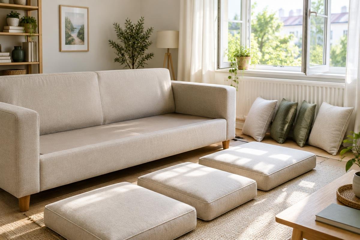 Coussins séparés près d'une fenêtre ouverte pour le séchage