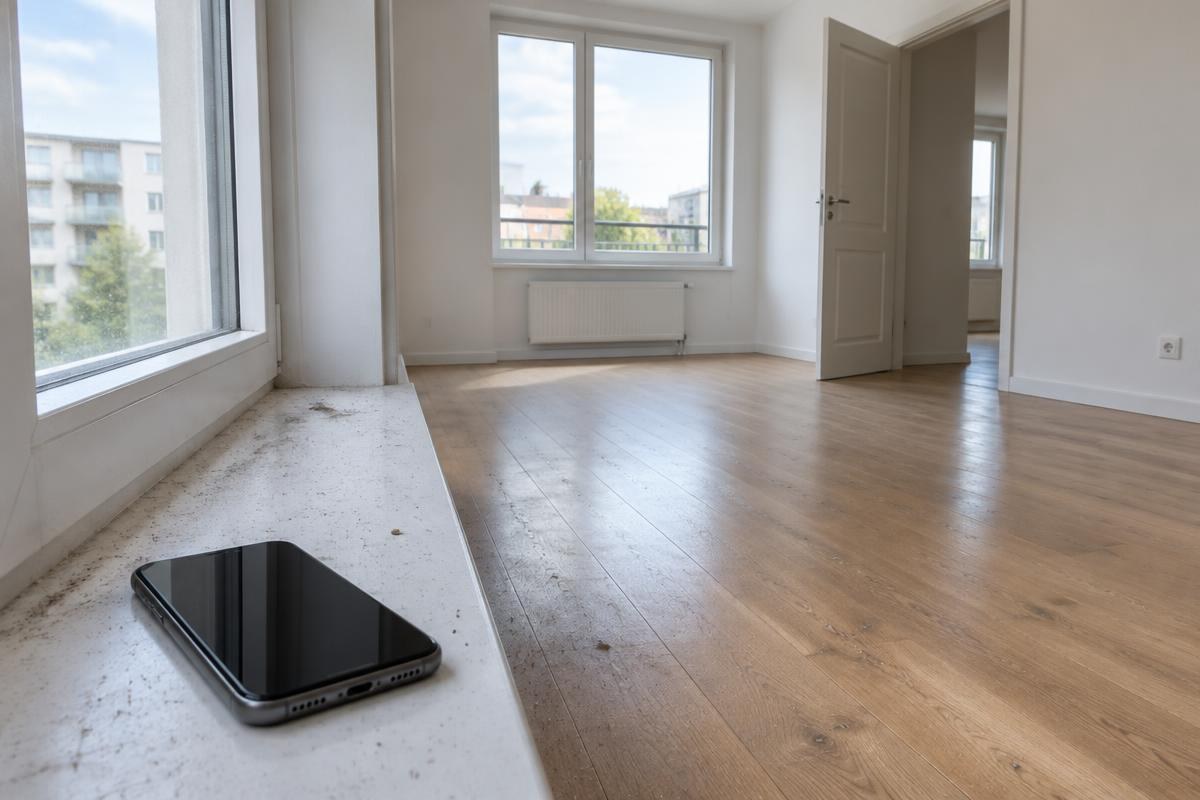 Constat du logement vide et smartphone pour les photos avant nettoyage
