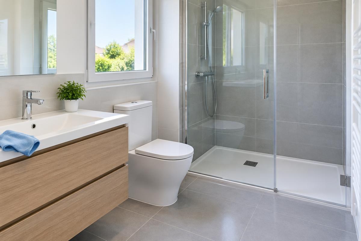 Salle de bain avec douche, lavabo et sanitaires détartrés et nettoyés