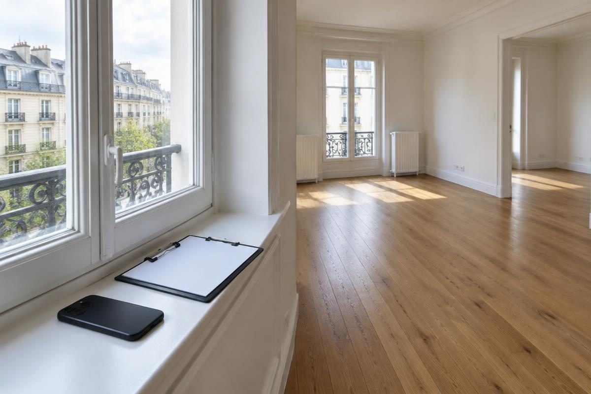 Logement vide avec un support de notes et un téléphone pour le constat initial