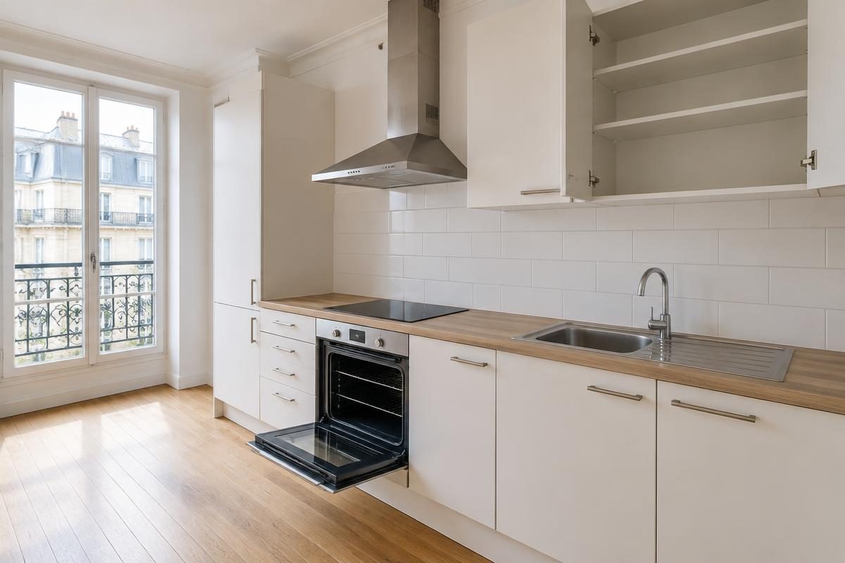 Cuisine vide avec four ouvert, hotte et placards accessibles pour le nettoyage