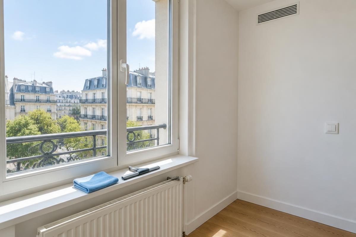 Fenêtre nette, radiateur et grille de ventilation avant l’arrivée des meubles