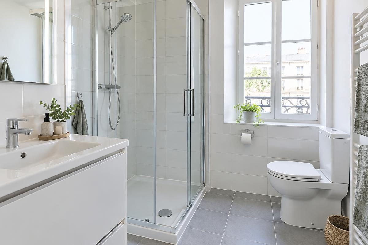 Douche vitrée, lavabo et toilettes propres dans une salle de bain lumineuse