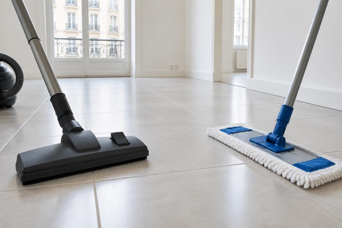 Aspirateur et balai à plat sur un sol carrelé aux joints et plinthes visibles