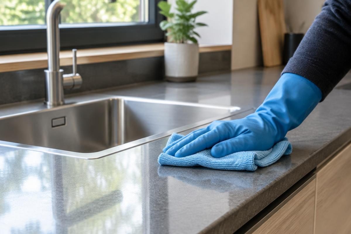 Nettoyage d'un plan de travail de cuisine avec une microfibre