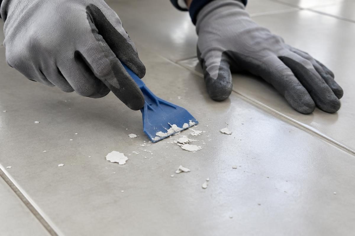 Retrait prudent de résidus de peinture sur du carrelage avec un grattoir