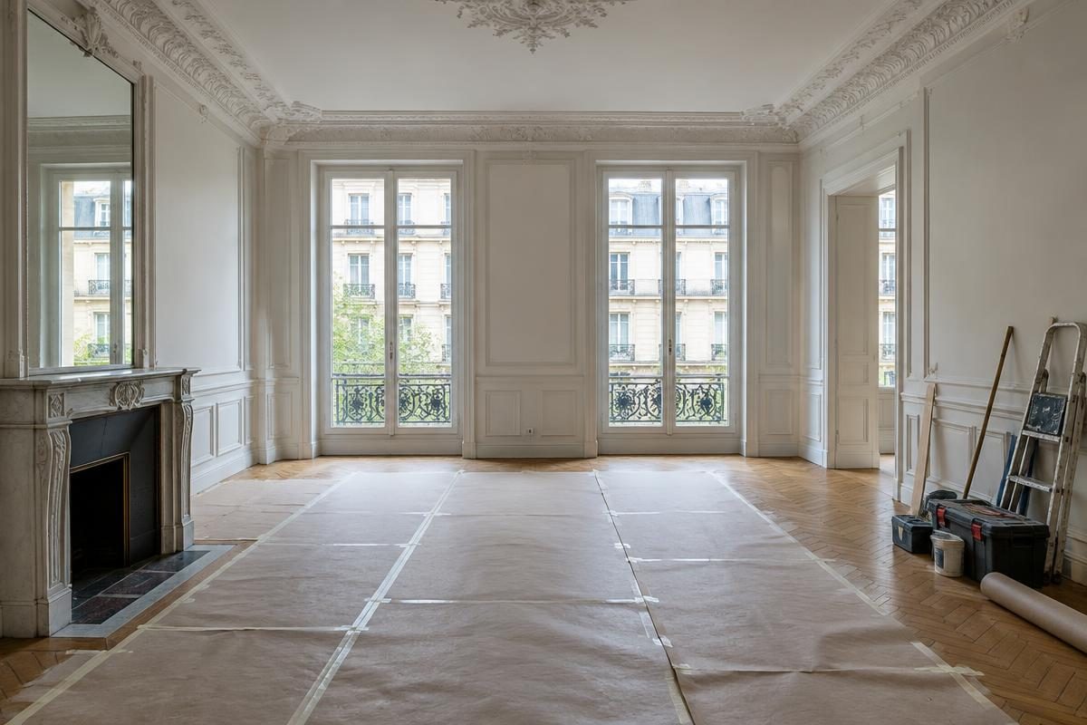 Appartement parisien en rénovation, avec moulures, parquet protégé et outils rangés