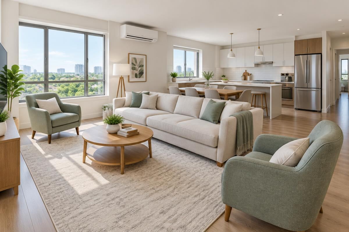 Appartement propre après un grand ménage : canapé, tapis, chaises et cuisine