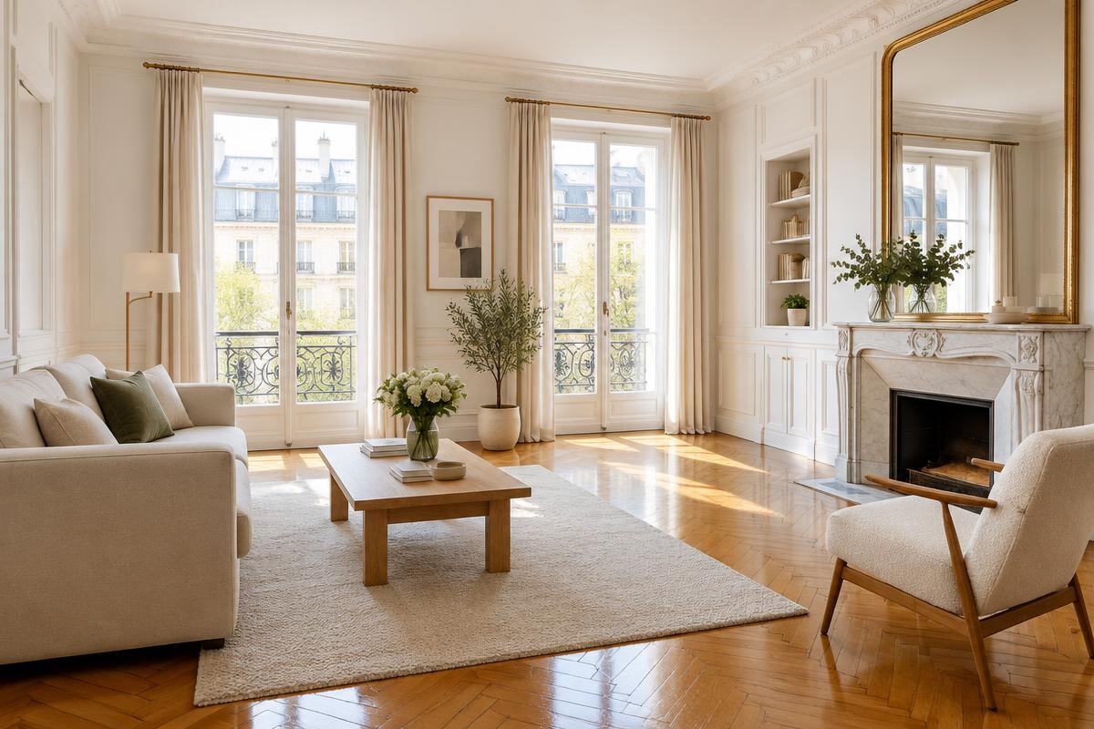 Salon d'appartement propre et dégagé après un grand ménage